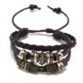 Multilayer leather beaded bracelet with metal cross and adjustable drawstring for men - Brown