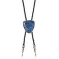Retro-Bolo-Krawatte mit blauem Marmordreieck und silbernen Metallspitzen auf Lederkordel - Dunkelblau