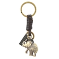 Vintage bronze elephant keychain with braided leather strap and engraved metal quote charm - Brown