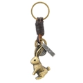 Vintage bronze rabbit keychain with woven brown leather strap and engraved metal tag - Brown