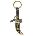 Vintage bronze bull horn keychain with brown leather wrap and engraved quote tag - Brown