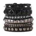 Multi-layer punk style chain bracelet for men with metal rivets and black woven leather - 4pcs Set Type B