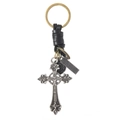 Portachiavi retrò in pelle intrecciata con anello in bronzo e pendente a forma di croce - Nero