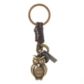 Retro bronze owl keychain with brown braided leather strap and Good Lucky pendant charm - Owl