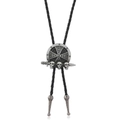 Bolo tie vintage argenté avec bouclier croix épée et têtes de mort sur cordon en cuir - Crâne