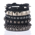 Punk multilayer leather bracelet set with silver metal spikes and pyramid studs - 4pcs Set Type A