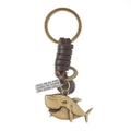 Vintage shark keychain with bronze metal shark charm and brown woven leather strap - Shark