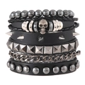 Men's punk multilayer leather bracelet set with metal skull and silver chain accents - 4pcs Set Type C