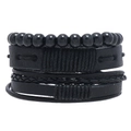 Men's multi-layer black leather bracelet set with woven bands and wooden beads - All Black Punk Style (Style C)