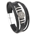 Men's black braided leather bracelet with silver Viking Aegishjalmur charm and magnetic clasp - 19cm / Black