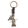 Retro bronze alloy anchor keychain with dark brown braided leather strap and windmill charm - Windmill