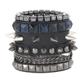 Multi-layer punk rock bracelet set with black leather, silver spikes and chains - 4pcs Set Type E