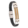 Pulsera trenzada de cuero para hombre con cierre de acero y cables dorados decorativos - Cable Acero Oro + Cuero Negro