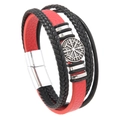Men's punk leather bracelet featuring red and black braids with a Viking compass charm - 19cm / Red