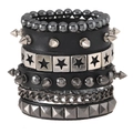 Multi-layer punk leather bracelet set with silver studs and metal star charms - 4-Piece Set Style F