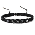 Handwoven black string bracelet with white alphabet letter beads and heart motif - AM Letter Style (Style A)