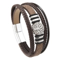 Men's multilayer leather bracelet in brown featuring a silver tree of life charm - Retro Light Brown
