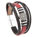 Men's punk braided leather bracelet with red strap and Viking compass metal charm - Retro Red