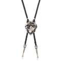 Vintage western bolo tie met zilveren wolfskop reliëf op een zwart lederen koord - Zwart Leer En Antiek Zilver