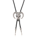 Vintage Western Bolo Tie mit Widderschädel aus Silberlegierung und schwarzer Lederkordel - Schwarzes Leder Und Antik-Silber