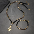 Ensemble collier et bracelet pour homme en perles de bois et pendentif croix maltaise - Set