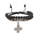 Retro Kreuz-Anhänger Armband-Set mit matten schwarzen Perlen und Ledergeflecht - Armband