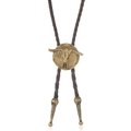 Vintage Western Bolo Tie mit Stierschädel-Anhänger und brauner geflochtener Lederkordel - Schwarzes Seil + Antikbronze