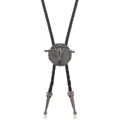 Western Bolo Tie mit Vintage Bullenschädel-Anhänger und schwarzer geflochtener Kordel - Schwarzes Leder Und Antik-Silber