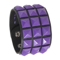 Punk style wide black leather bracelet featuring three rows of purple pyramid studs - Purple
