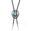 Western cowboy style bolo tie with turquoise pendant and black braided cord - Black Leather Cord + Antique Silver (Blue Stone)