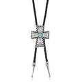 Corbata de bolo retro con colgante de cruz plateada y piedra turquesa en cordón negro - Cuero Negro Y Plata Antigua