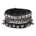 Punk style multi-layer black leather bracelet with silver metal chains and studs - Black