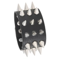 Bracciale largo in pelle nera stile punk con tre file di borchie a punta in metallo - Nero