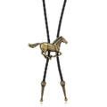 Vintage goldene Pferde-Bolo-Krawatte mit schwarzer Lederkordel und Metallspitzen - Antikbronze