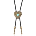 Corbata bolo vaquera vintage con broche de corazón turquesa y cordón de cuero negro - Cuero Negro Y Bronce Antiguo