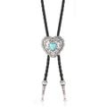 Corbata bolo con corazón de turquesa, insignia de plata grabada y cordón de cuero trenzado - Cuero Negro Y Plata Antigua