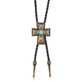 Corbata bolo vintage de bronce con cruz, piedra turquesa y cordón de cuero trenzado negro - Cuero Negro Y Bronce Antiguo