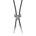 Retro bolo-tie met stierkop, zwart gevlochten leren koord en zilveren hanger - Zwart Leer En Antiek Zilver