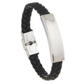 Pulsera para hombre de cuero trenzado negro con placa de identificación de acero inoxidable - Color acero