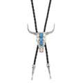 Vintage Bolo Tie mit silbernem Bullenkopf Anhänger und Türkis Inlay auf schwarzer Kordel - Stierkopf Stil / Antiksilber