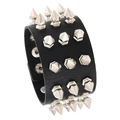 Gothic punk black leather cuff bracelet featuring four rows of sharp silver metal spikes - Black