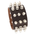 Gothic wide brown leather punk bracelet featuring three rows of silver metal cone spikes - Brown
