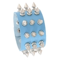 Punk style light blue leather cuff bracelet with four rows of silver metal spikes - Sky Blue
