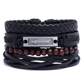 Herren Armband-Set im Retro-Stil mit geflochtenem Leder, Holzperlen und Kreuz-Anhänger - 4-teiliges Set