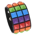 Pulsera punk de cuero negro con tachuelas de pirámide coloridas y botones de presión - Remaches de tres filas / Multicolor