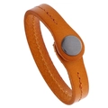 Close-up of ginger leather bracelet featuring orange stitching and metal button - Earthy Yellow