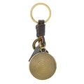 Vintage bronze keychain with leather wrap, spiral disc, and engraved tag charm - Tree Rings
