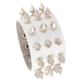White punk leather bracelet with three rows of silver metal spikes and snap closures - White