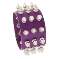 Punk style purple leather wide bracelet with triple-row silver metallic spikes - Purple
