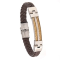 Pulsera de cuero trenzado marrón para hombre con acero inoxidable y detalle de oro - Cable Acero Oro + Cuero Marrón